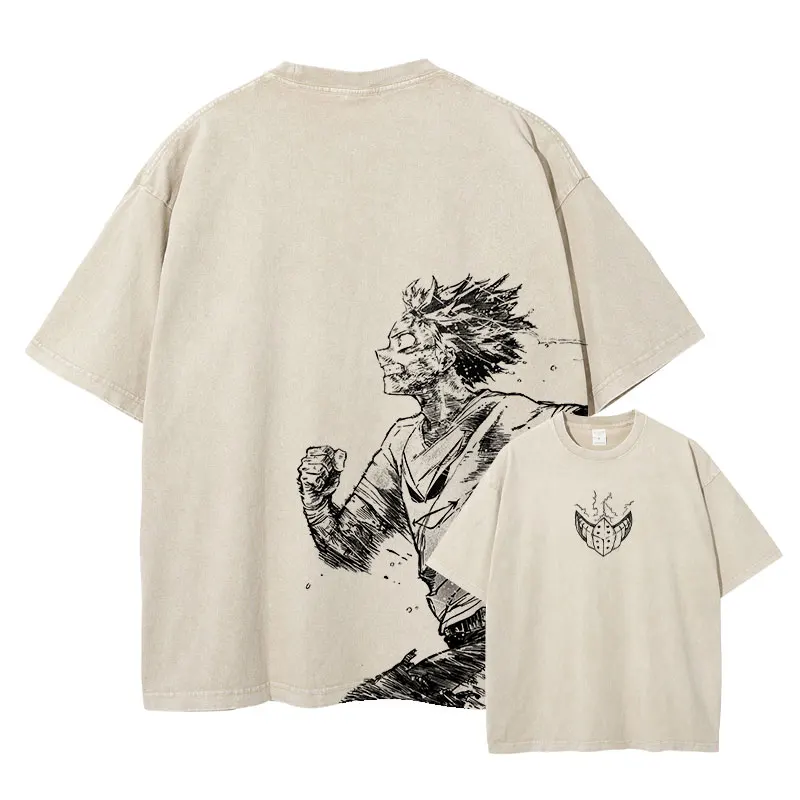 Anime Midoriya Izuku T Shirt My Hero Deku Vintage Washed Tops Tees Harajuku Manga Short Sleeve Oversized T-shirt 100% Cotton