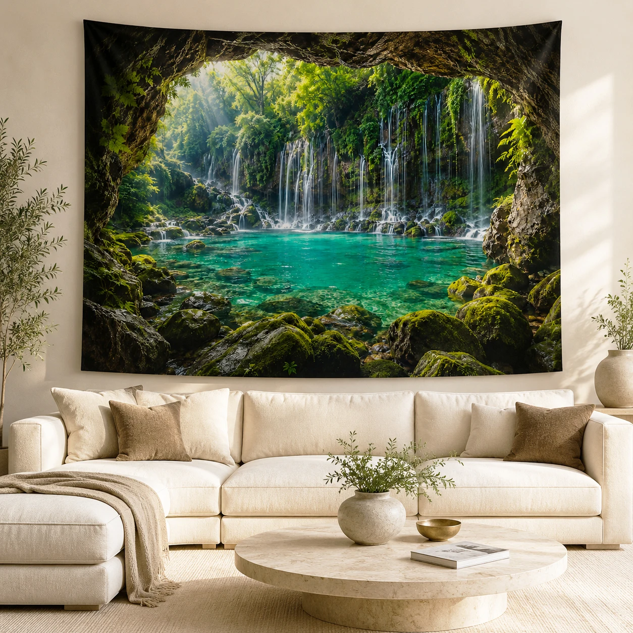 Green Forest Landscape Tapestry Wall Hanging Large Nature Waterfall Scenery Tapestries Aesthetic Room Decor for Bedroom