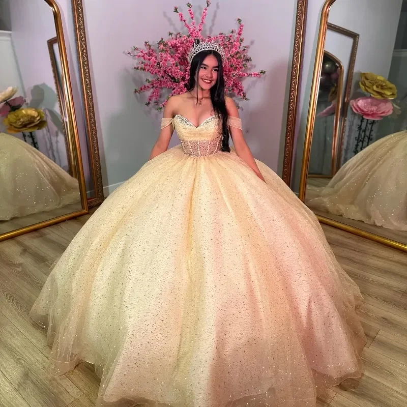 2024 Champagne Quinceanera Jurk Bandjes Off Shoulder Sweet 16 Jaar Jurken Verjaardagsfeestje Prinses Gezwollen Baljurk Formele Prom