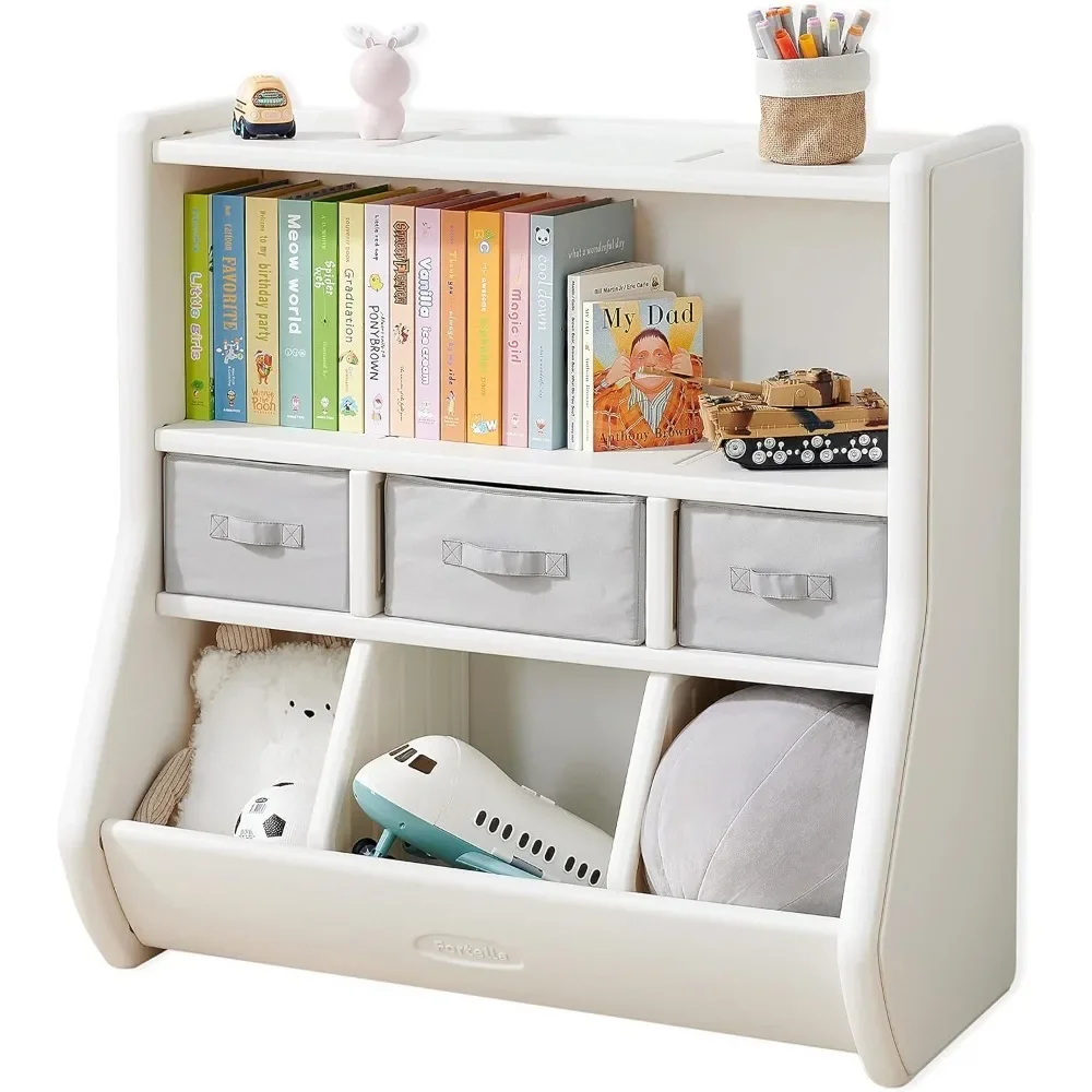 

Organizer Bookshelf, Display Shelf, 3 Large Bins, and 3 Removable Drawers, Safe and Modern Toy Box Cabinet for Kids