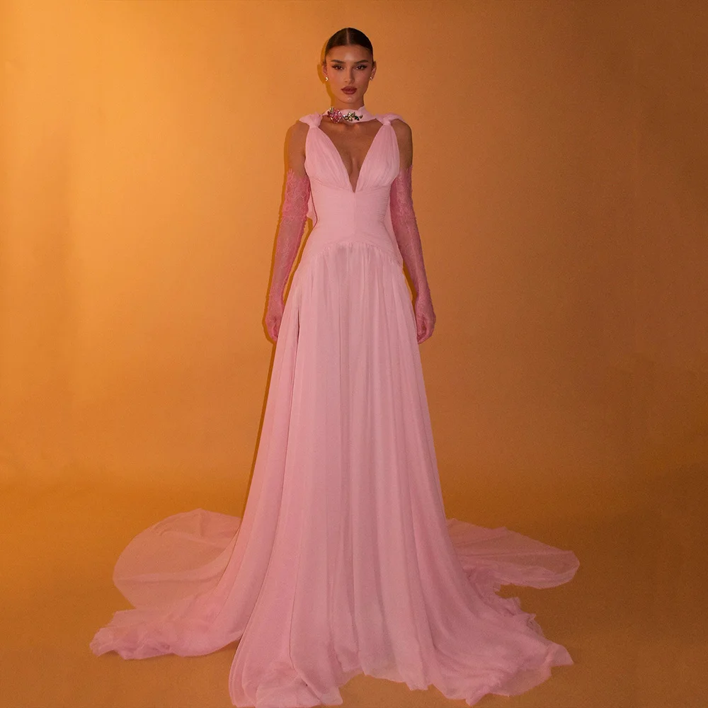 

Msikoods Customized Pink Prom Dress 2025 Deep V Neck Sexy Pleated Formal Dress Long Chiffon Women's Evening Dress for Party