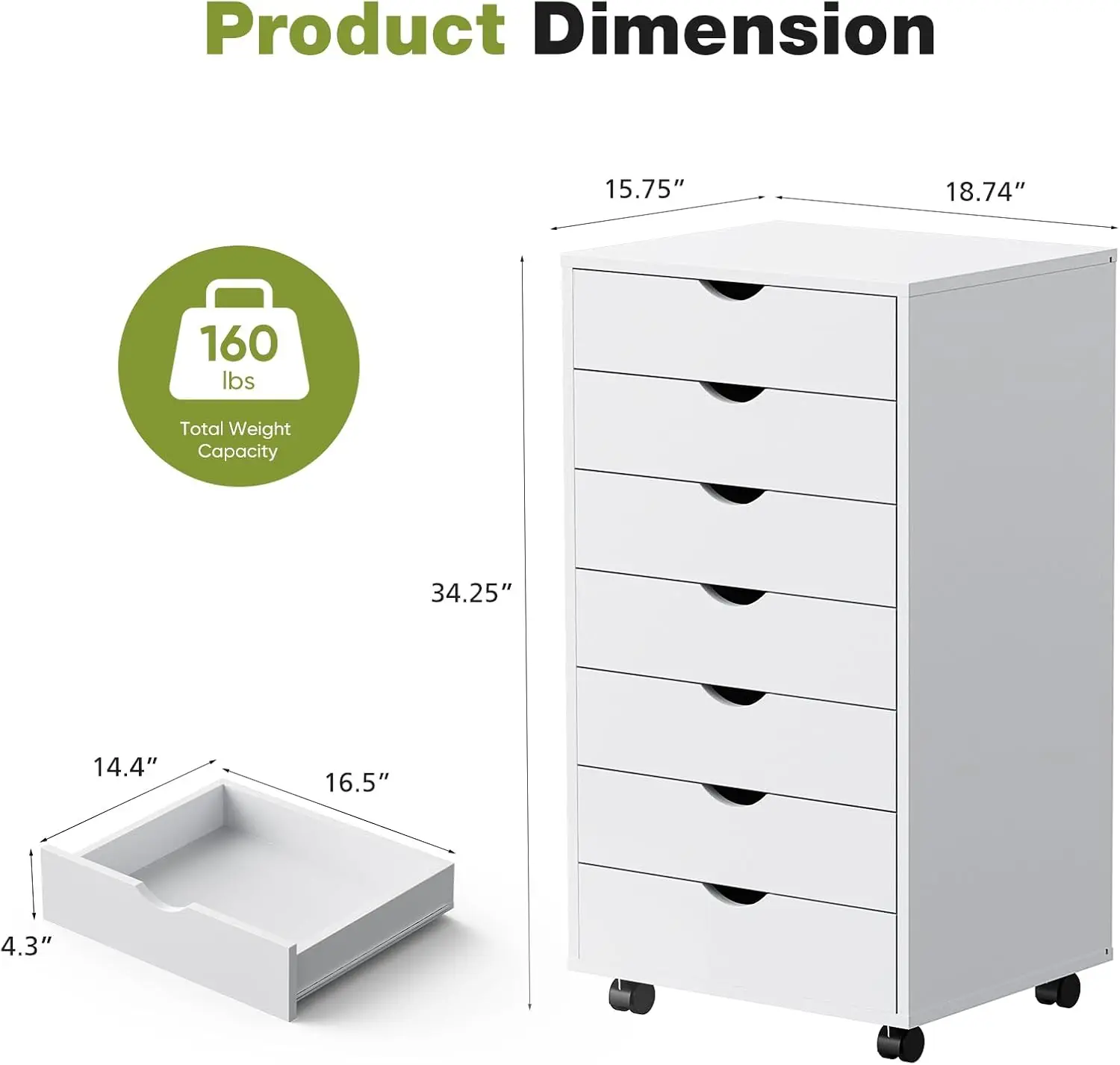 7 Drawer Rolling Storage Cabinet, Wood Under Desk Mobile Dresser with Wheels, Small Organizer Chest for Home Office, Bedroom, Living Room, Compact Vertical Storage Furniture Unit, White view 3