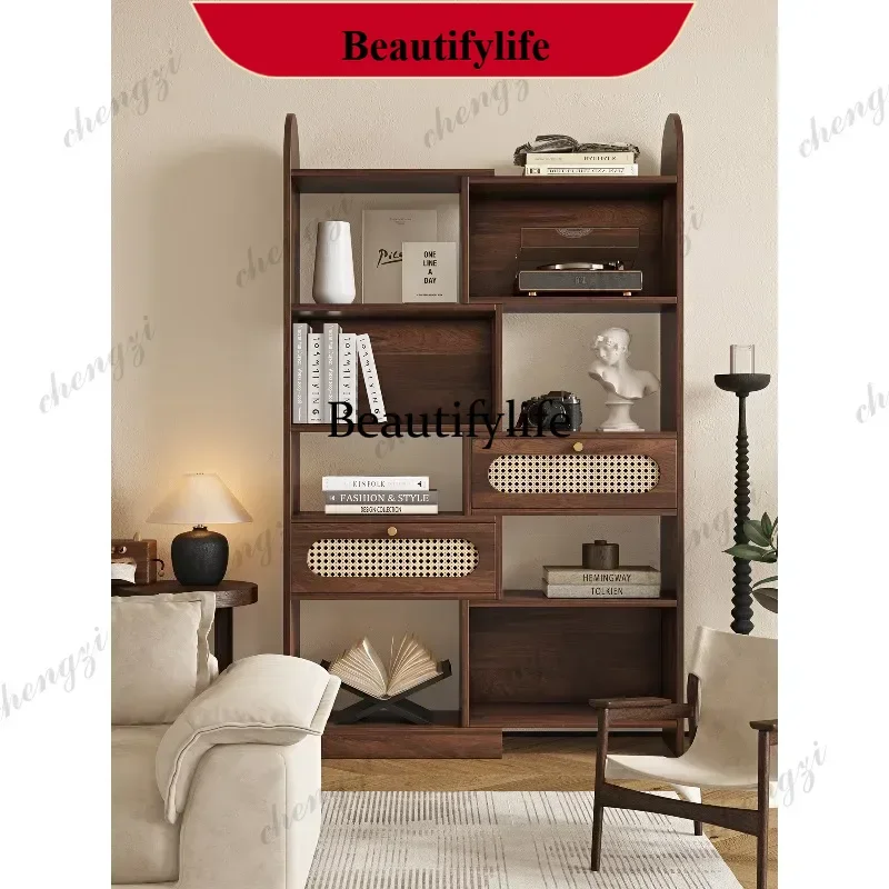 Retro bookcase storage multi-layer storage wall rotatable retractable American corner bookcase d178