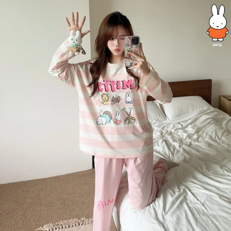 

Женские пижамы Miffy, весенне-осенняя коллекция, комплект домашней одежды из чистого хлопка с длинными рукавами и милыми полосками из мультфильма