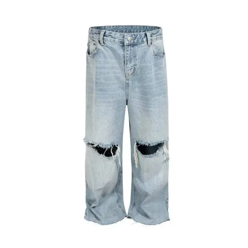Fashion Ripped Washed Fringed Jeans Men's High Street Trend Straight Leg Trousers 2026 Summer New 2BXT5
