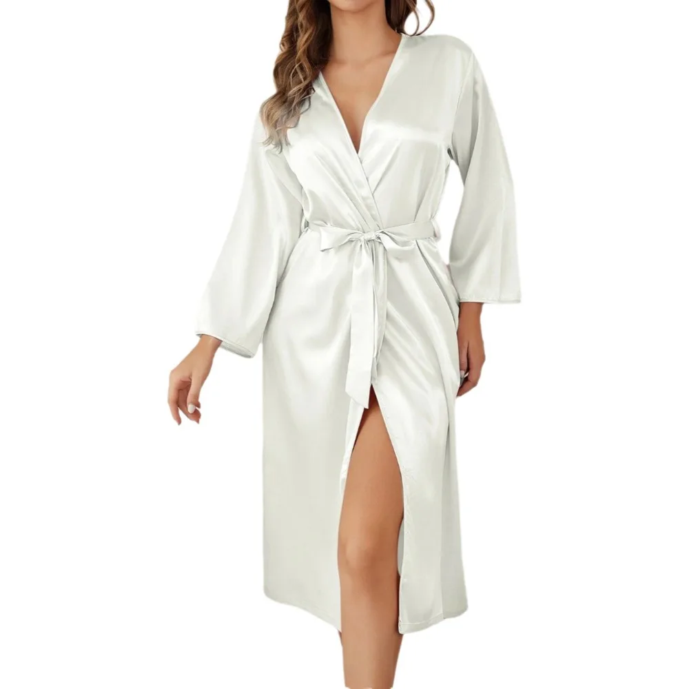 

Luxury V-Neck Design Silk Satin Robe Solid Color Draping Style Nightgown Soft Fabric Thin Loungewear Women Sleepwear