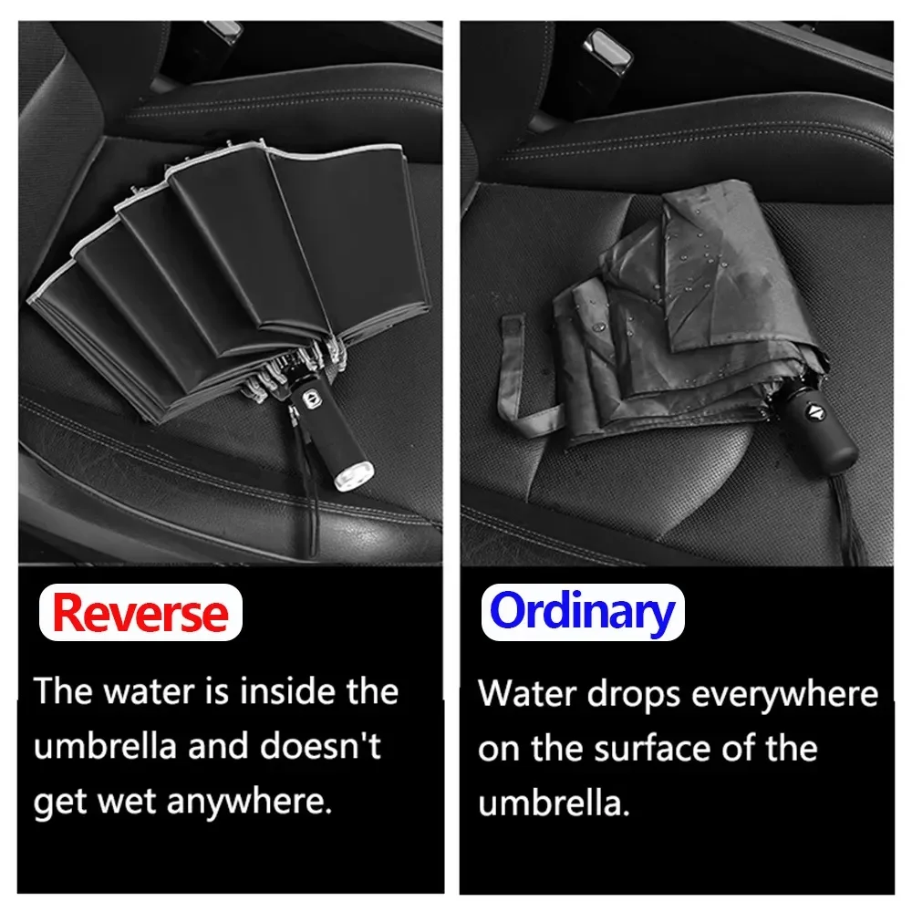 완전 자동 역방향 접이식 우산, LED 손전등 포함, 방풍 반사 스트라이프 UV 우산, 태양 또는 비 오는 날, 10 리브