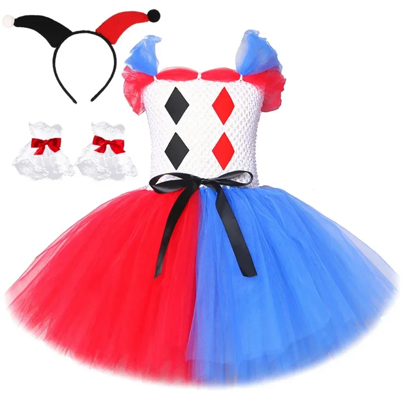

Cosbao Royal Blue Red Clown Tutu Dress for Girls Carnival Halloween Costumes for Kids Joker Cosplay Outfit Princess Fancy Dresse