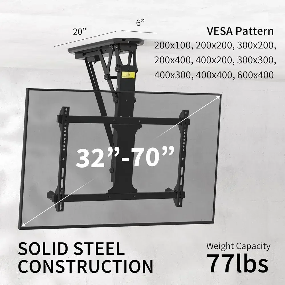 Motorized Large Lip TV Ceiling Mount, 32-70 Inch, VESA Compatible, Black
