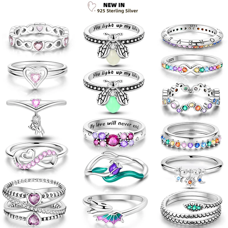 Luminous Firefly 925 Sterling Silver Ring Sparkling Rainbow Color Heart Wishbone Flower Original Rings For Women Wedding Jewelry