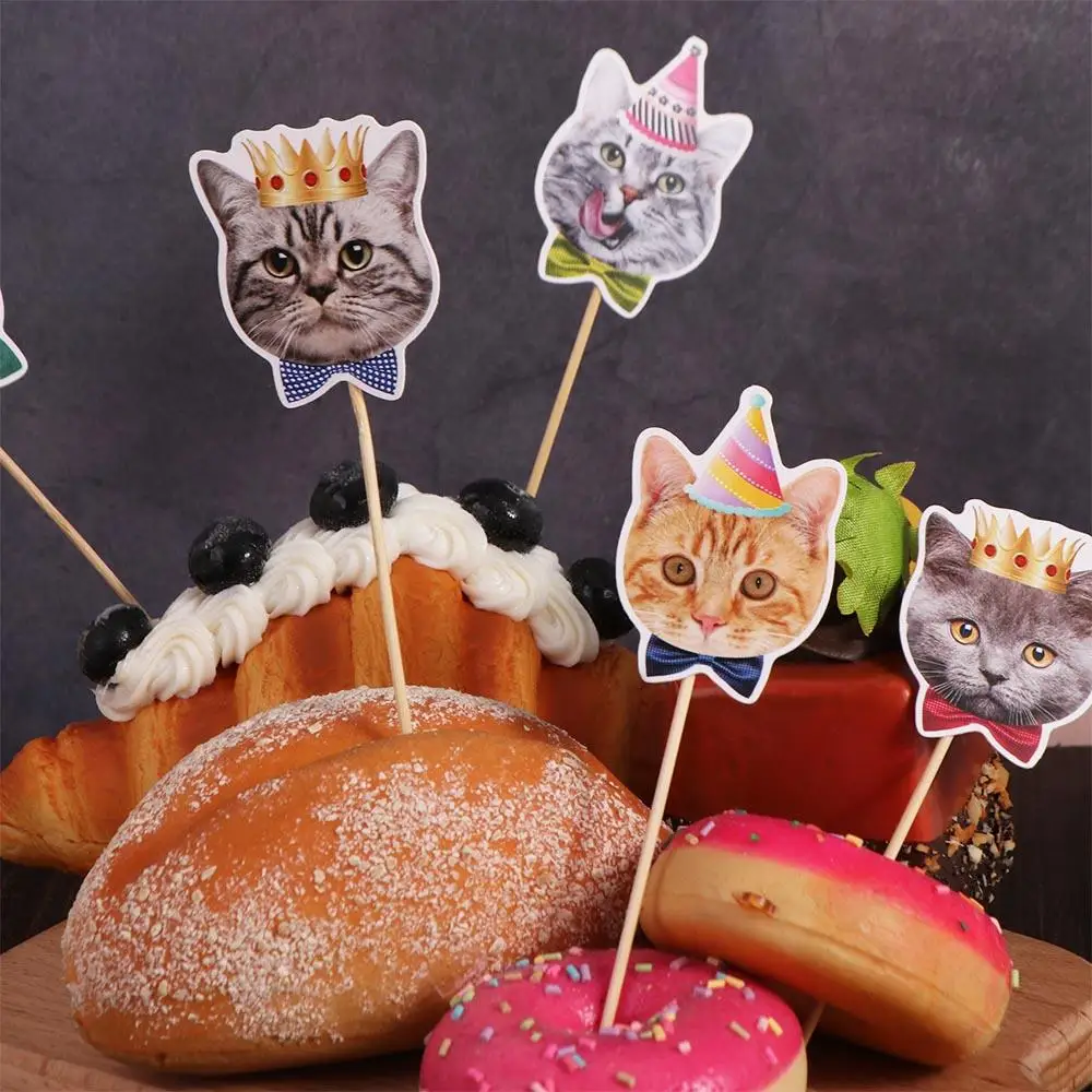 

8pcs Table Decoration Cute Cat Face Insert Card Non Toxic Disposable Cat Cupcake Toppers DIY Single Side Cake Flag Home