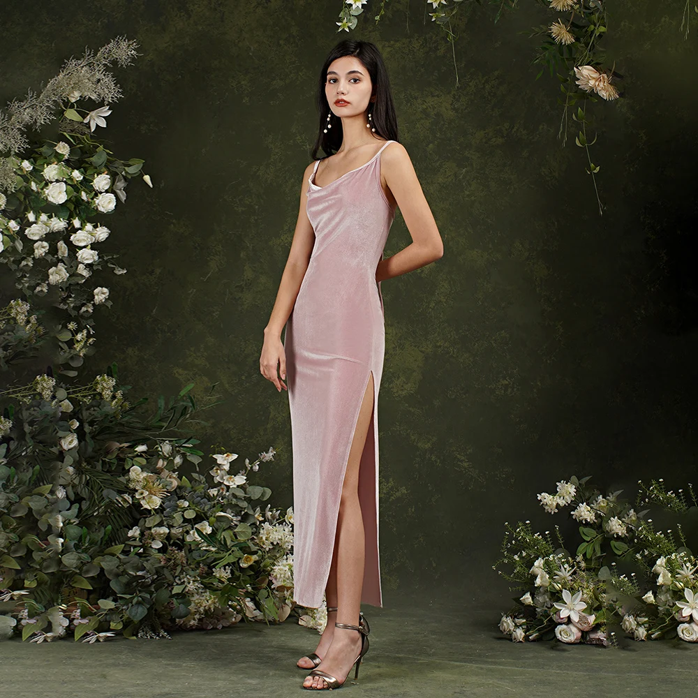 Velvet Sheath Evening Dress Women Long Spaghetti Strap Solid Sleeveless Backless Women Bandage Midi Dress Side Slit Vestidos