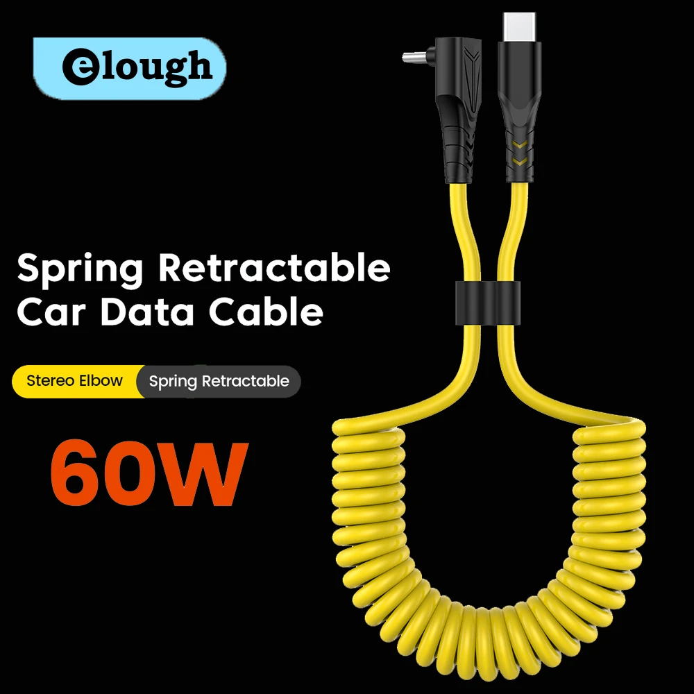 60W Car Retractable Spring Cable Elbow PD Fast Charge Cable USB C To Type C Data Cord For Samsung Xiaomi Huawei Phone Charger