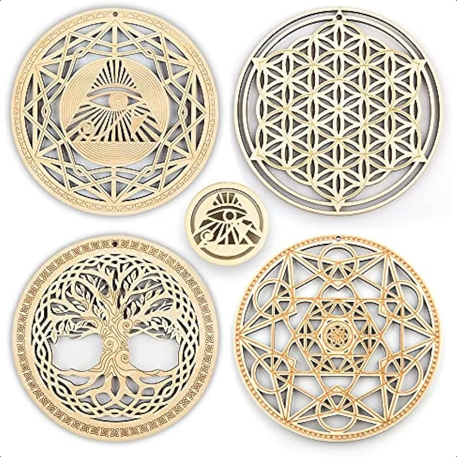 

5.31" Sacred Geometry Wall Art 4 PCS Set The Eye of Horus The Flower of Life The Tree of Life Metatron's Cube Crystal Grid Medi