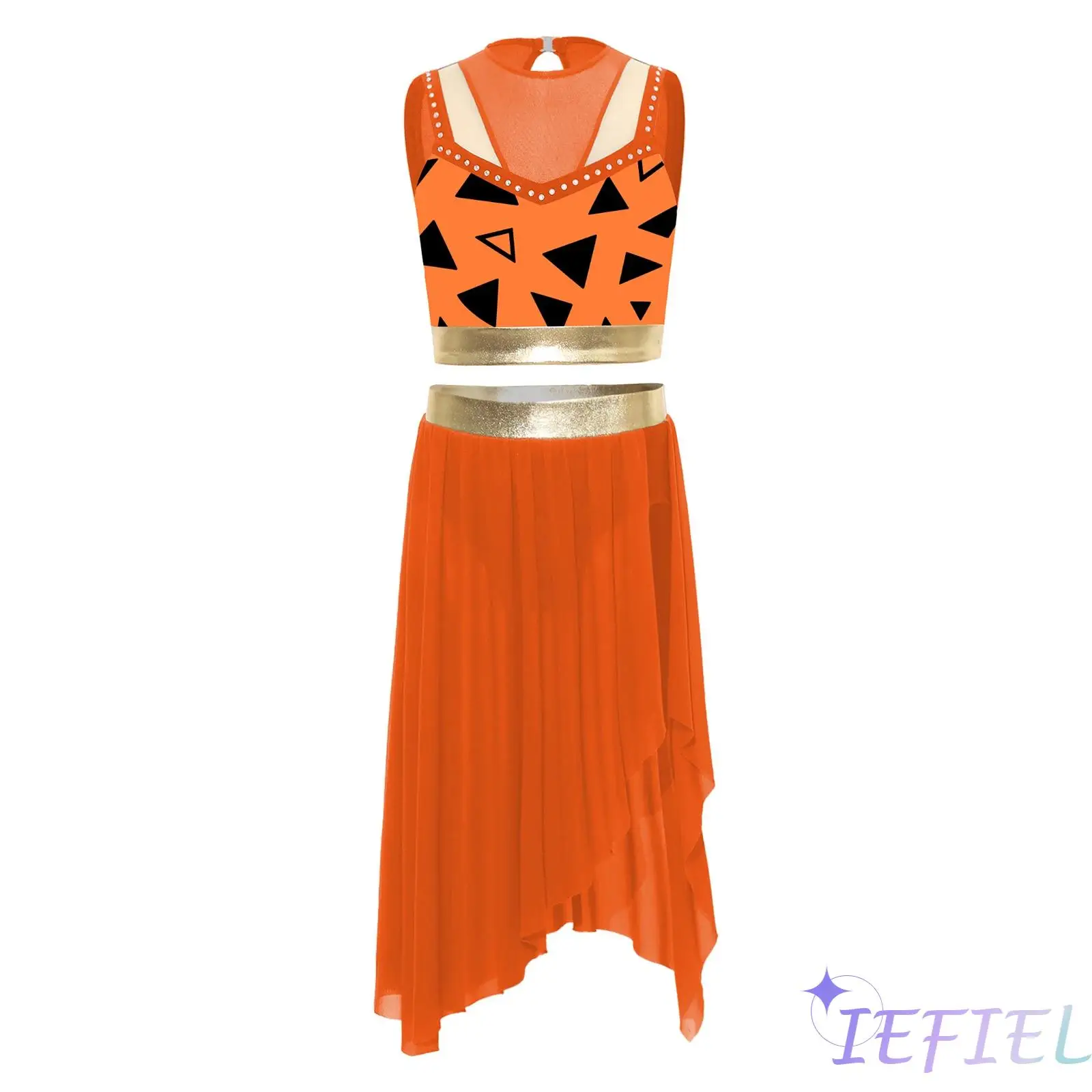 

Kids Girls Cavegirl Costume Set Leopard Print Patchwork Sleeveless Rhinestone Crop Top and Skirt for Halloween Party Dress Up