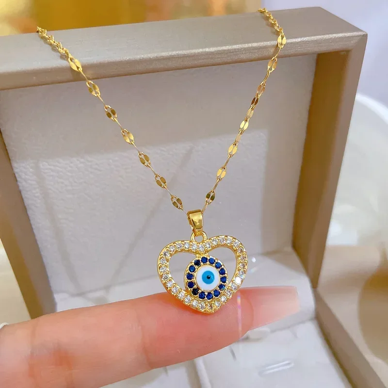 1pcs CZ Crystal Heart  Evil Eye Charm Necklace, Stainless Steel Blue Enamel Dangling Necklace , Minimalist Simple Chain Necklace