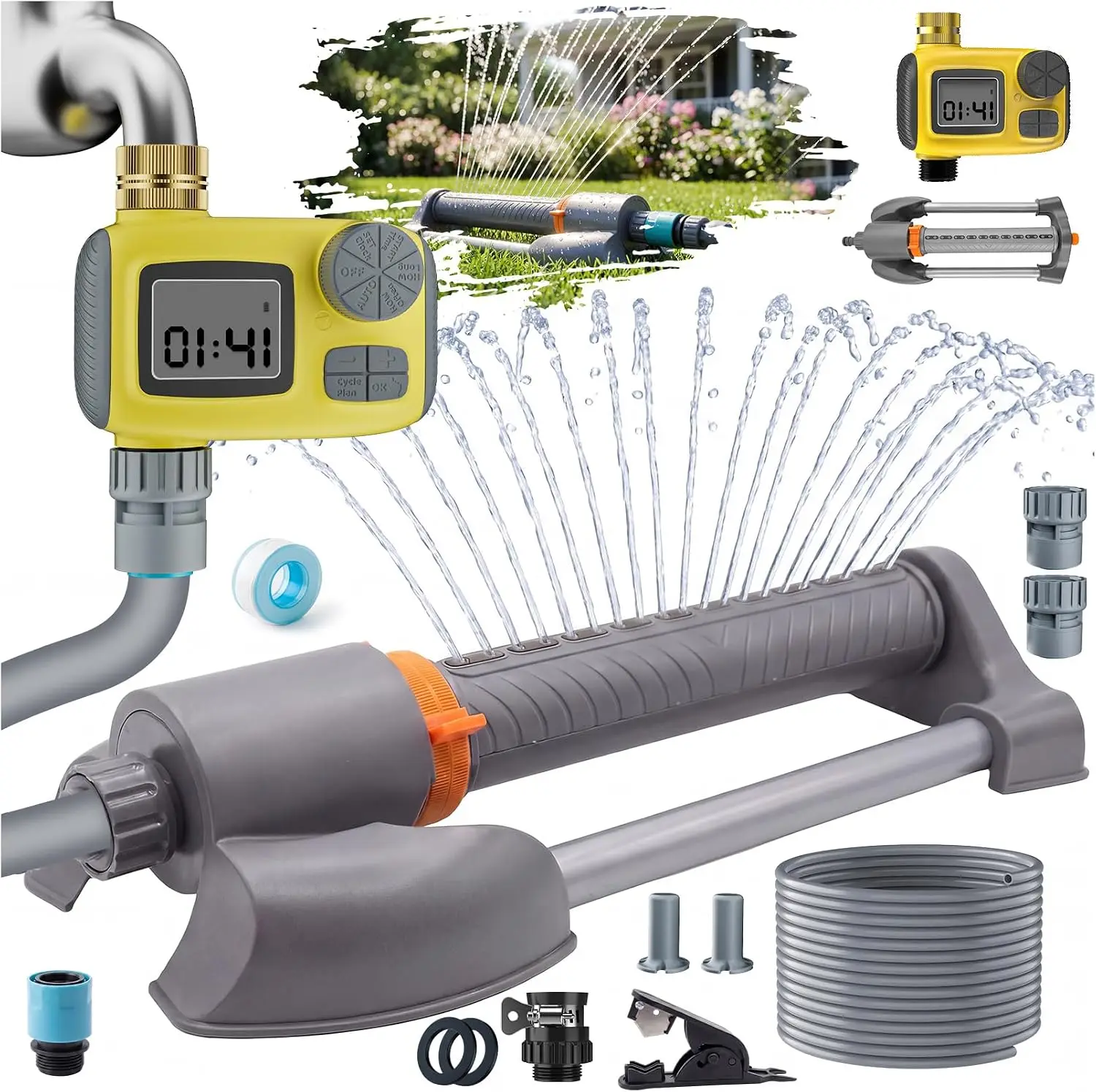 3 in 1 Smart Oscillating Sprinkler System with Timer, 3000 Sq.Ft Lawn Irrigation Kit, 360° Sprinkler, 33FT 5/8" Anti-Kink Hose, Solid Brass Connector