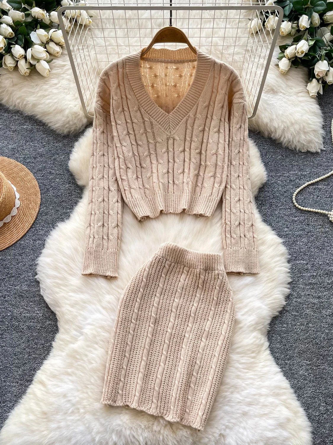 Elegant Autumn Knitted Set Women's V-Neck Slim Fit Short Skirt Two-Piece Suite Commute Style High Waist Polyester Fiber