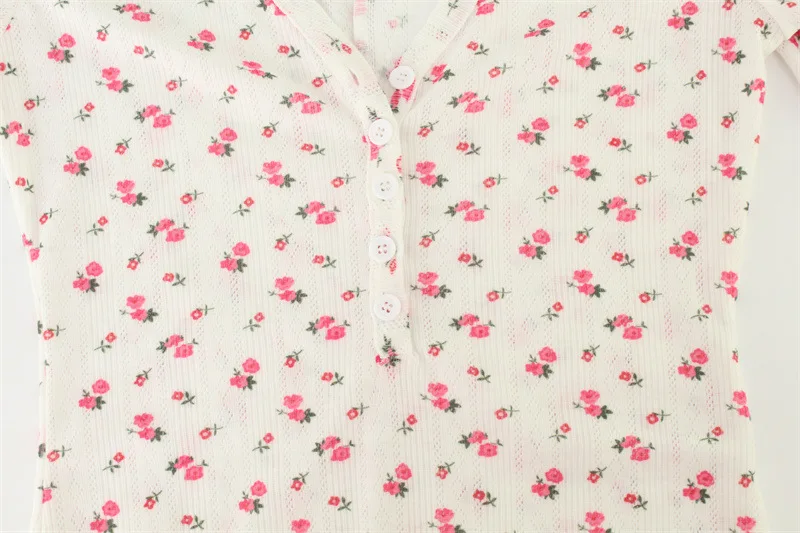 Summer Floral Jumpsuit Casual Home Hot Girl Low-cut Long-sleeved Woman Clothing High-waist Slim Single-breasted V-neck Clothes