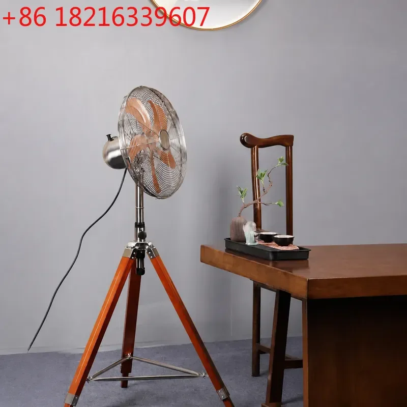YAOVintage Metal Electric Floor Fan with Solid Wood Base and Bronze Tripod Stand Oscillating Iron Blade Household Cooling
