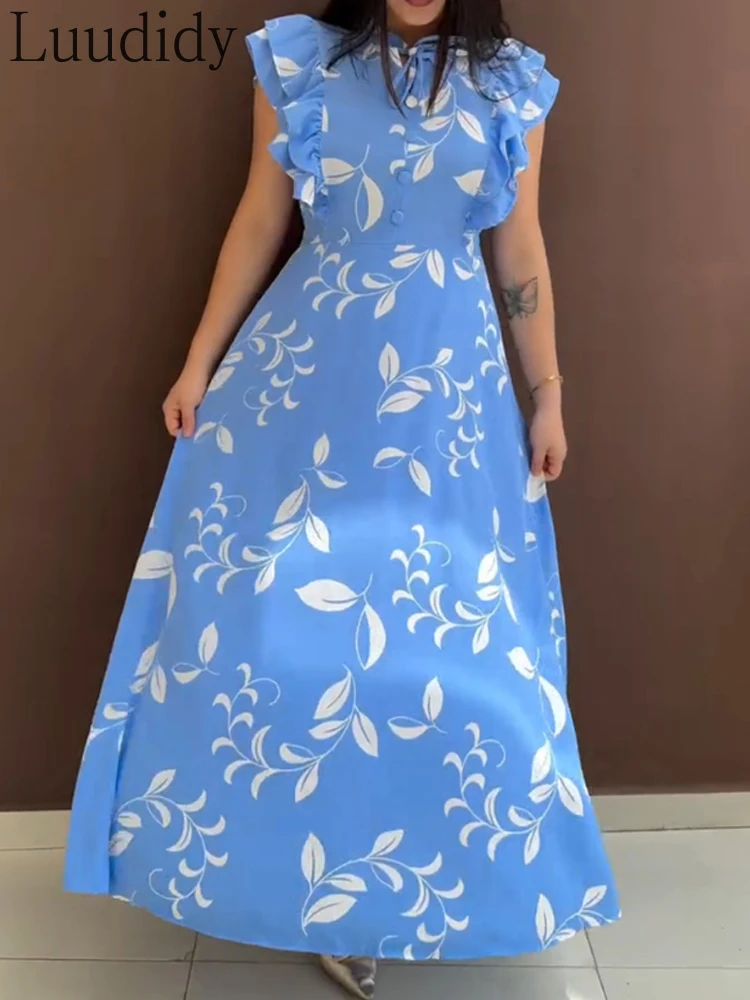 

Floral Print Tie Neck Shoulder Ruffles Maxi Dress Casual Waist Button Shirred A Line Dress