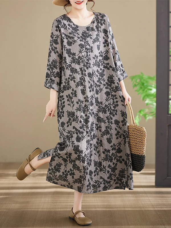 

Floral Print Long Sleeve Cotton Dress round Neck Large Size Women's Dress Floral Button A-Line Skirt City Walk Ethnic Style