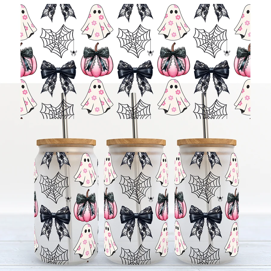 Halloween Rosa Niedliche Geister-Kürbis-Spinnennetz UV DTF 16oz Libbey Glasbecher Dosenfolien Transferaufkleber Kaffeetasse Heimparty-Deko