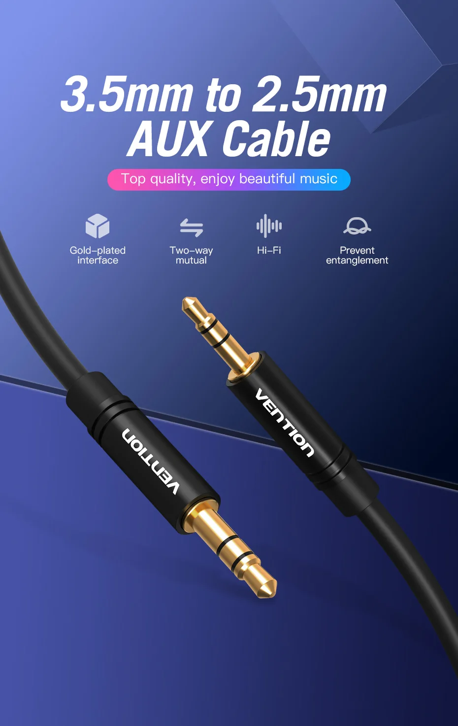 Vention 3,5 auf 2,5 Aux-Kabel, 3,5 mm auf 2,5 mm Audiokabel für Kopfhörer, Aux-Lautsprecher-Verbindungskabel, 2,5 auf 3,5 – Detail 1