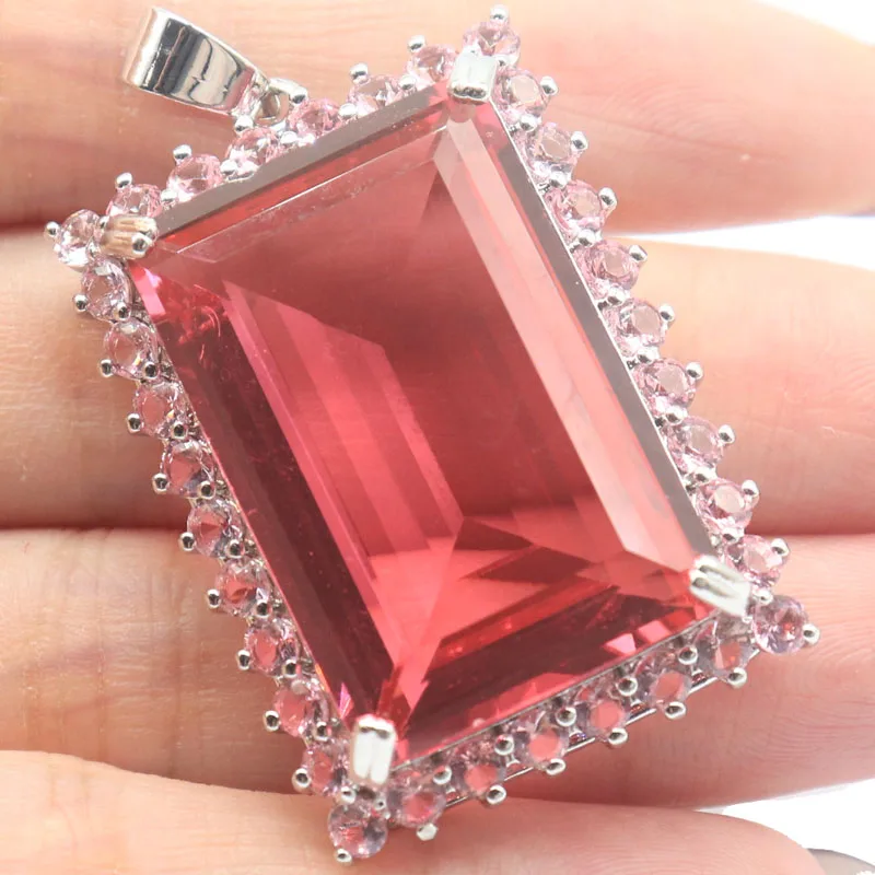 

46x28mm Big Heavy Gemstone Pink Tourmaline Tanzanite Pink Morganite Woman's Dating Silver Pendant