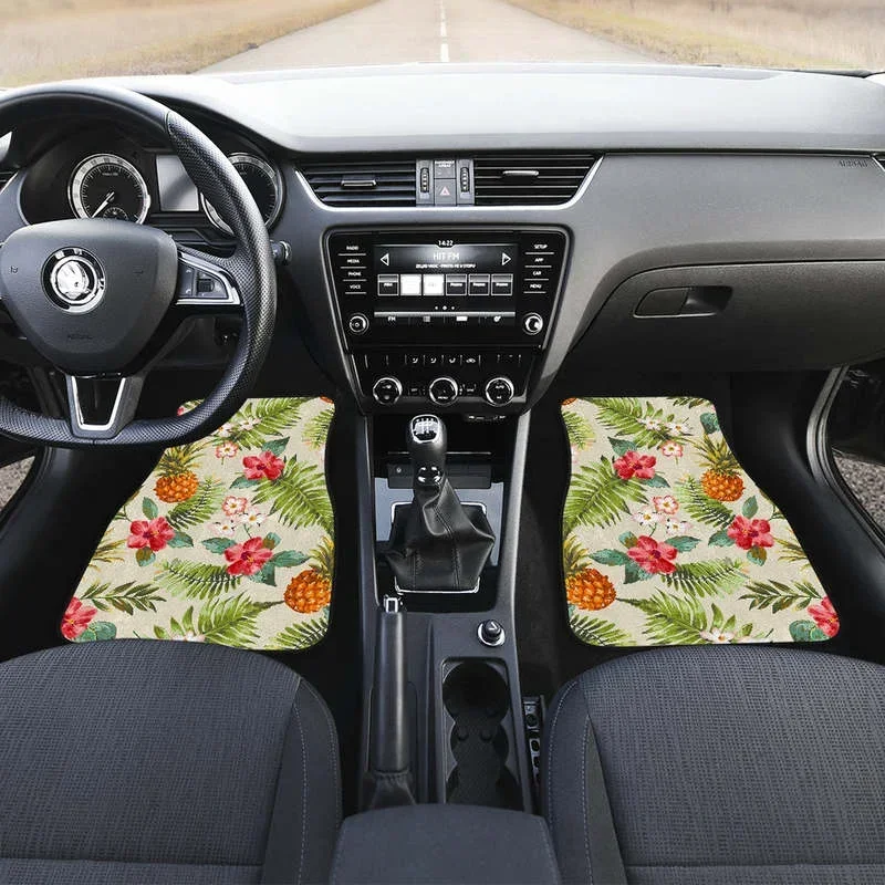 White Aloha Pineapple Pattern Print Front and Back Car Floor Mats Heavy Carpet Front and Rear Full Set 4PCs Pack