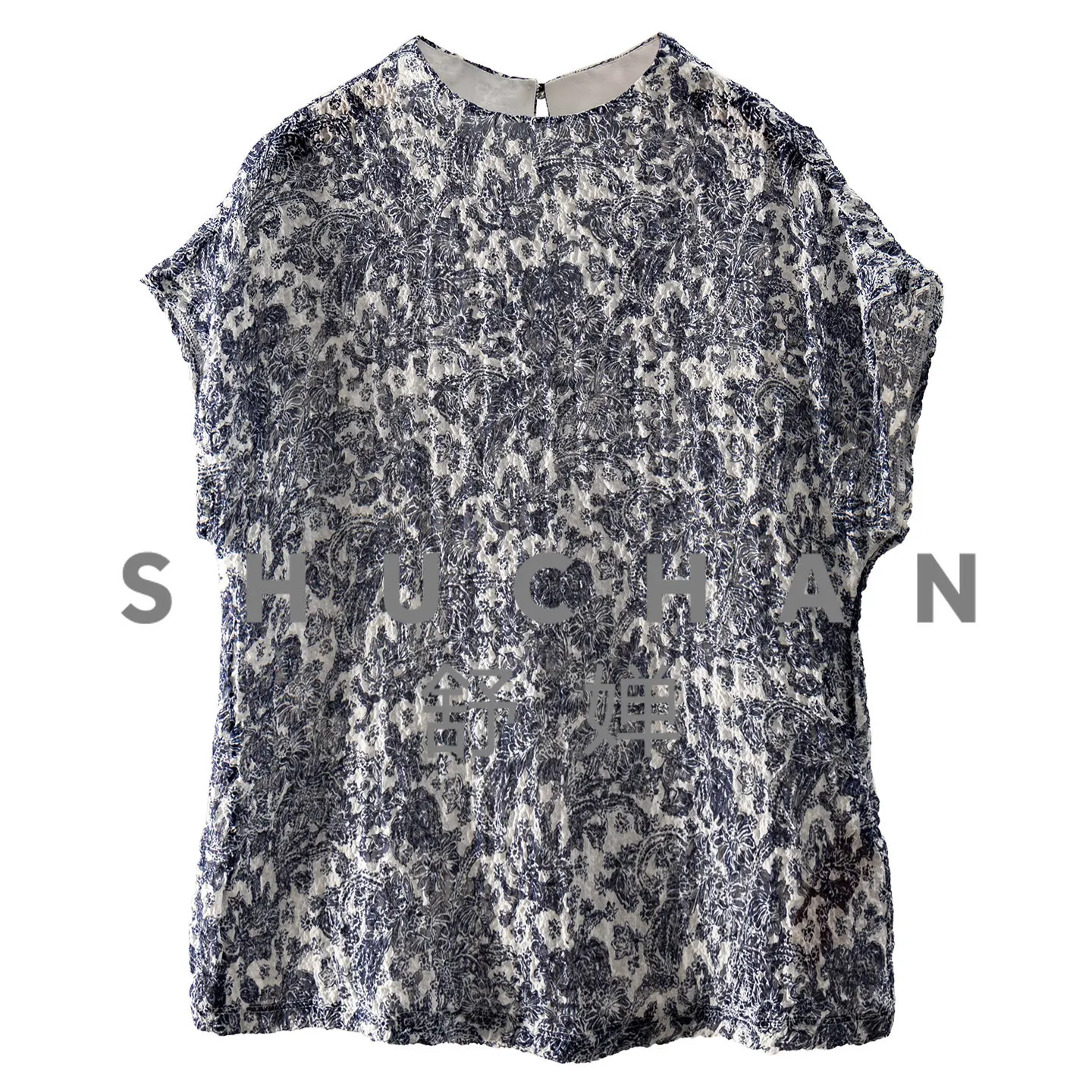 French High-end Custom Woven Bubble Crepe Silk Crew Neck Wrap Shoulder Sleeve Shirt Female 25W9