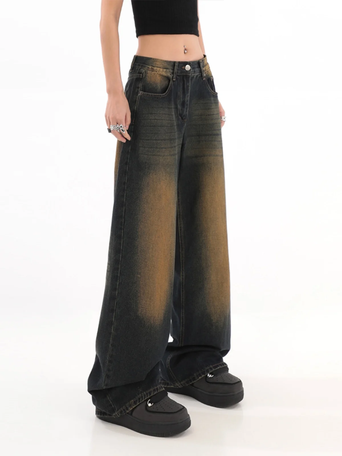 WCFCX STUDIO Y2k Vintage Wide Leg Gradient  Wash Jeans For Women Pants Woman's Vintage American Loose Denim Trousers