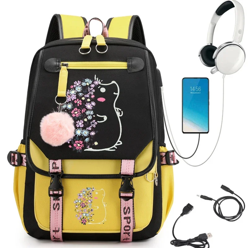 Mochila escolar de Anime con erizo Floral para niñas, mochila grande para estudiantes de secundaria, bolsas con Usb de dibujos animados