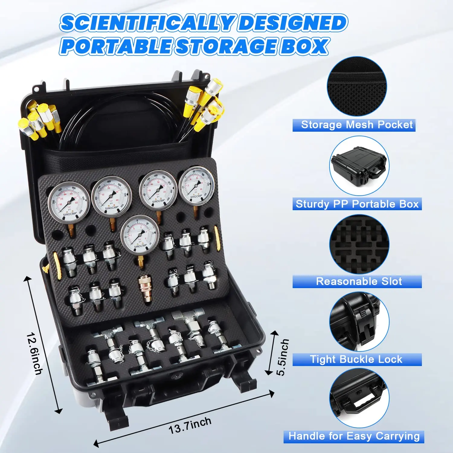 Aggiorna il Kit di Test del manometro idraulico dell\'escavatore 5 manometri, 5 tubi di prova, 27 giunti per connettore rapido Komatsu, 2 anni di peso