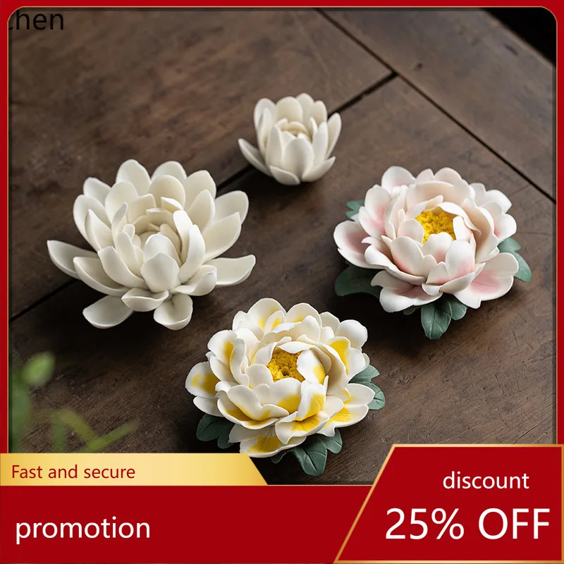 

Cz ceramic lotus ornament - zen-inspired home decor, handmade lotus & peony incense burner, living room decoration craft