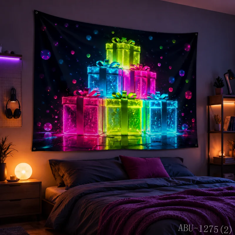 VIKAMA Neon Meteor Gift Box Falling Starry Cloud Colorful Present Night Christmas Tapestry Bedroom Living Room Dorm Home Decor