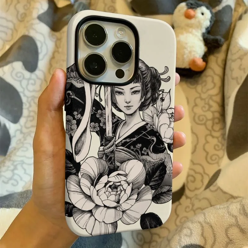 حافظة هاتف نسائية على الطراز الياباني كيمونو مع سيف وزهور لهاتف آيفون 17 16 15 14 11 12 13 Pro Max Air Plus غطاء خلفي