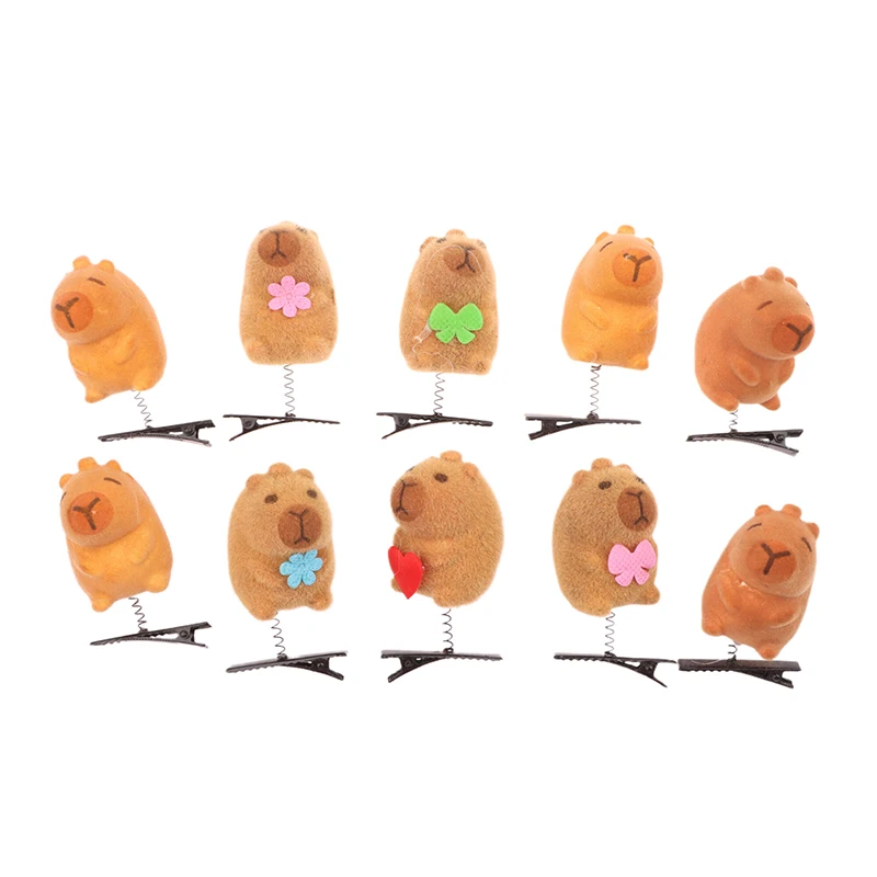 5 PCS Cartoon Funny 3D Kapibala Plush Hairpin Side Clips Animal Flocking Capybara Hair Clip Accessories Headwear Color Random