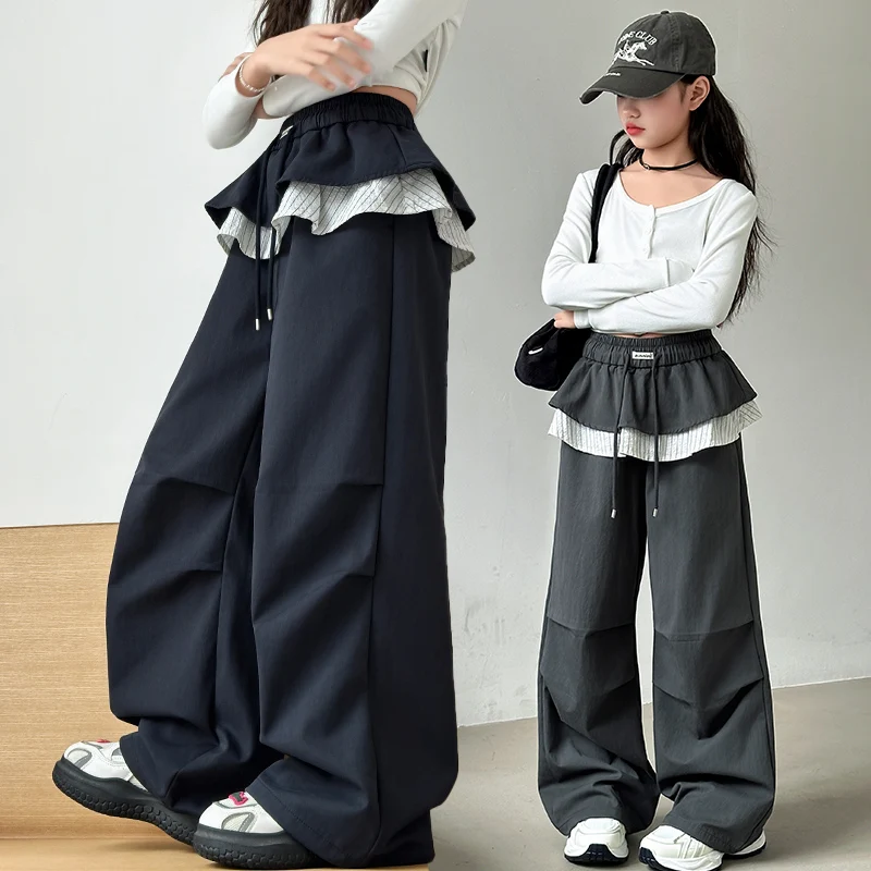 

Girls Autumn Cargo Pants Tween Kids Streetwear Long Trousers Teenage Pants With Fake Skirt Decoration Children's Sweatpants 5-14