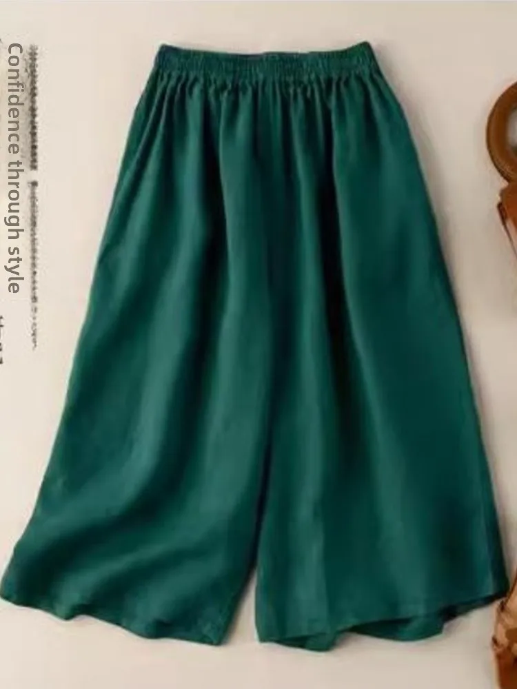กางเกงขายาวผ้าลินินทรงหลวมเอวสูงสำหรับผู้หญิง สไตล์ลำลอง ผ้าฝ้ายผสมลินิน ความยาวเจ็ดส่วน