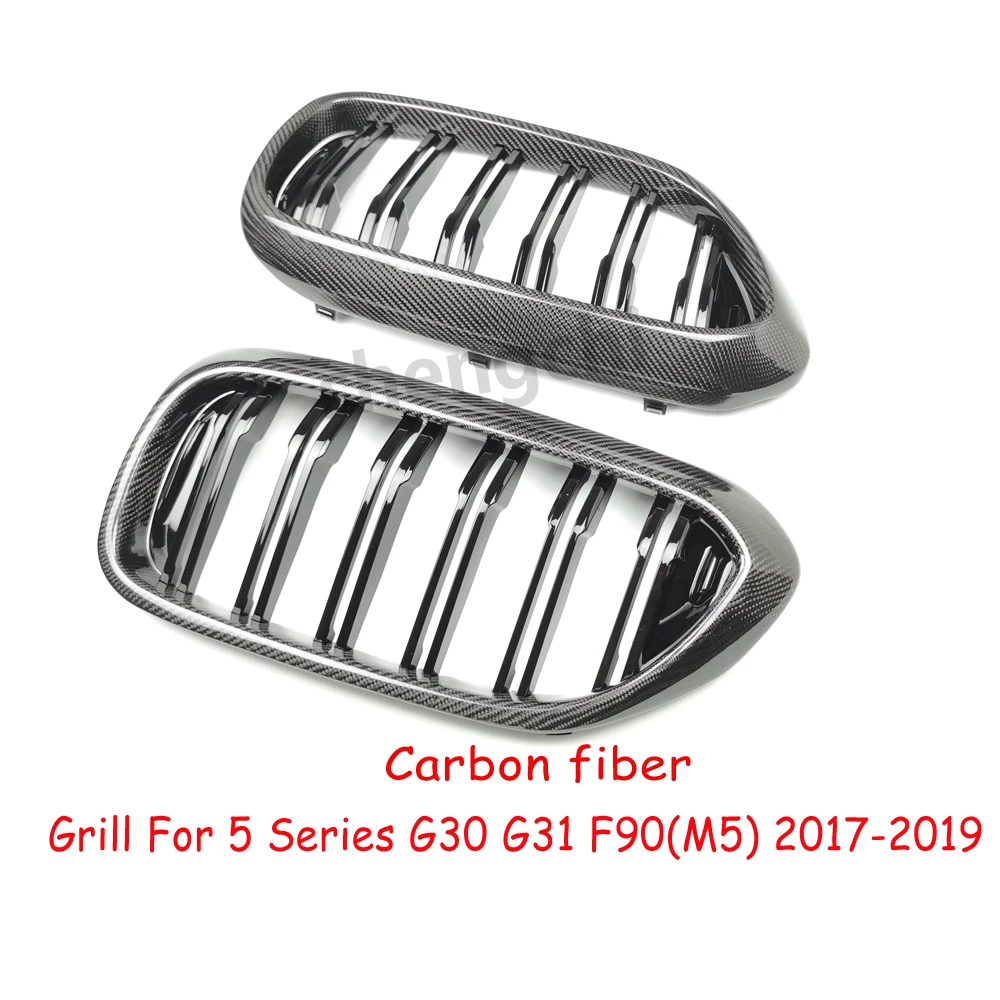 Carbon Fiber Grill for BMW 5 Series G30 G31 & F90 M5 2017-2019 Pre-LCI Double line Gloss Black Front Kidney Grille