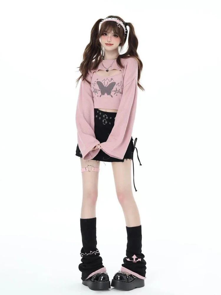 

Casual Grunge Two Pieces Set Women Grunge Knitted Solid O Neck Crop Pullover +Sleeveless Butterfly Vest Y2k Aesthetic