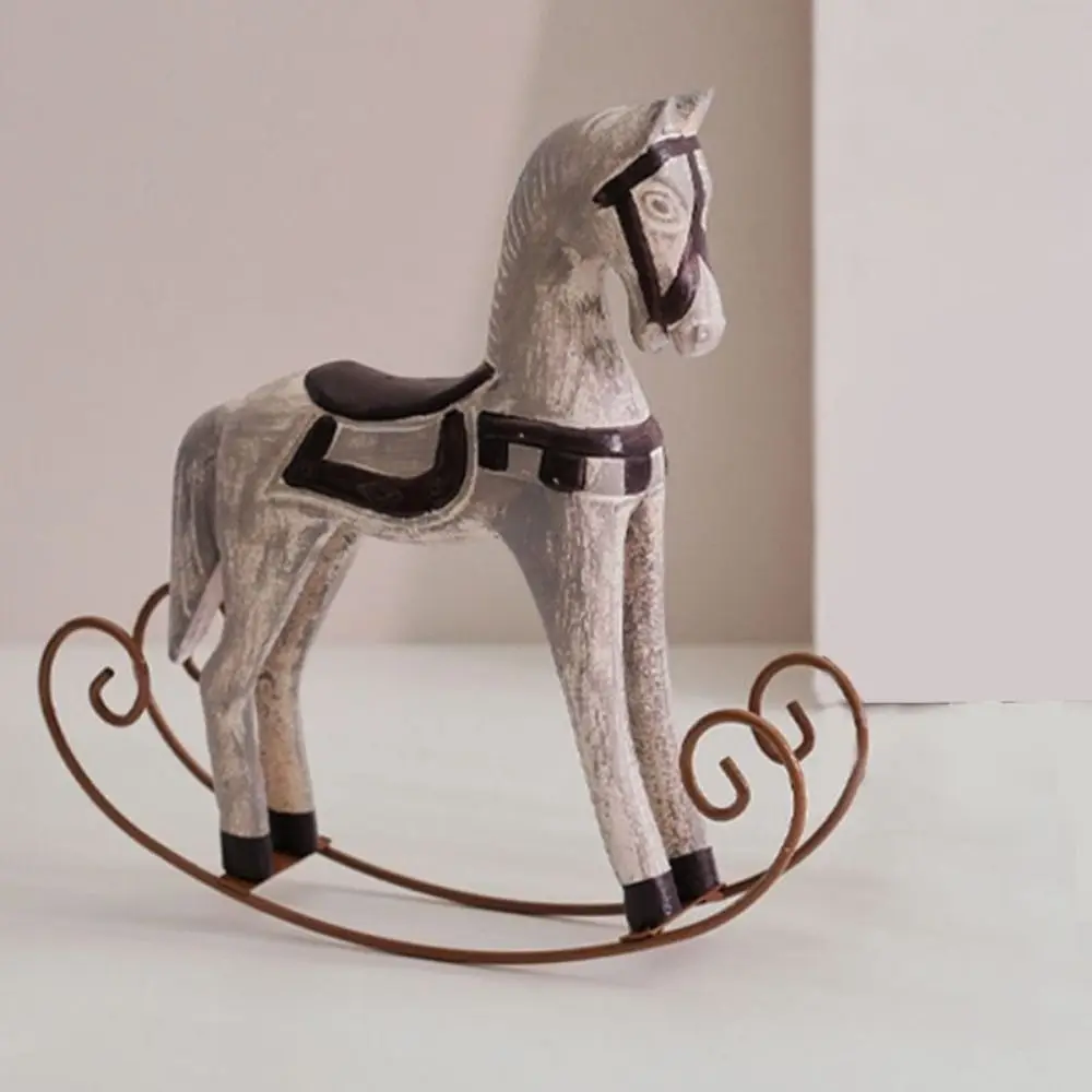 Retro Wooden Craft Rocking Horse Sculpture Simulation Cartoon Nordic Horse Figurine Hand-carved Animal Ornament Wine Cabinet