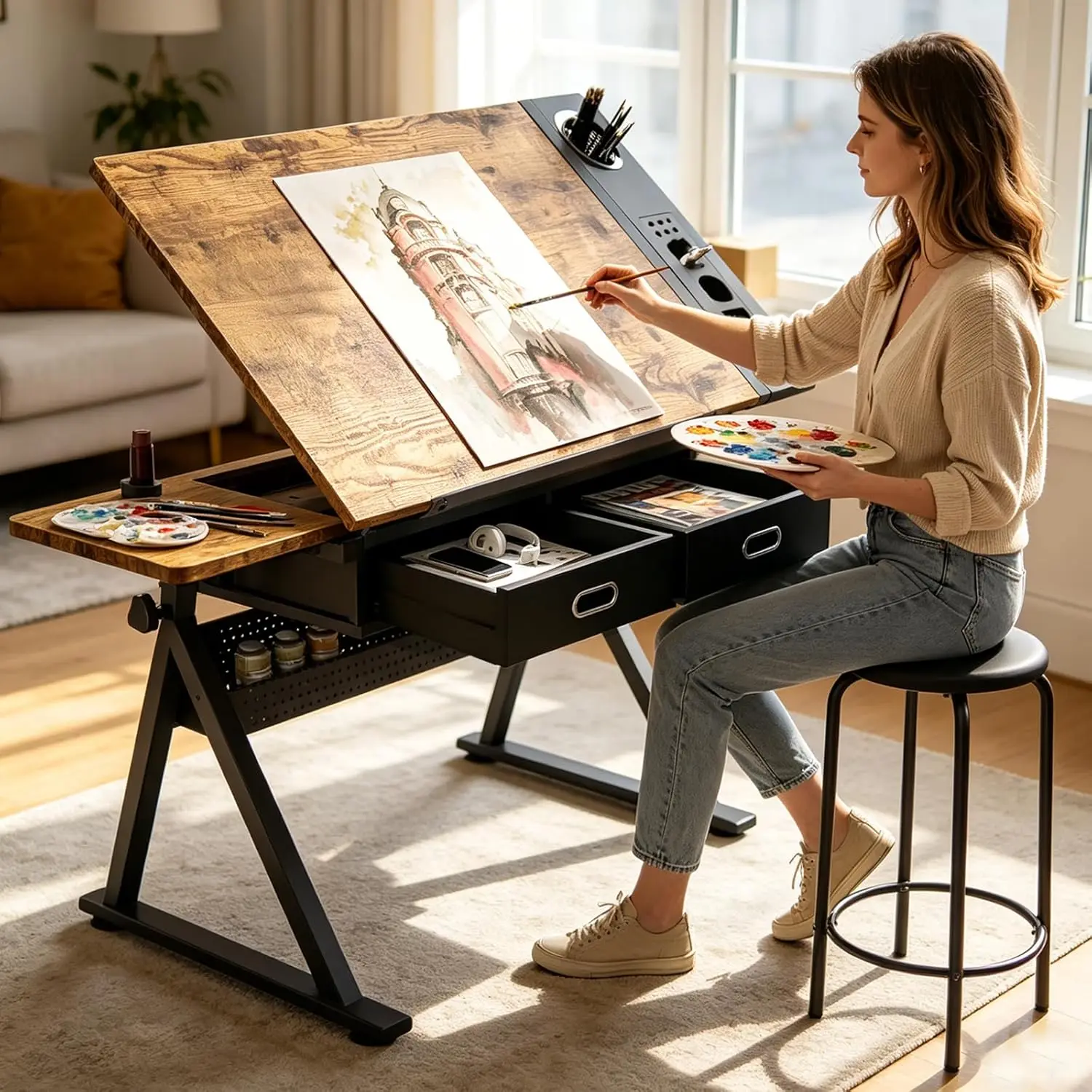 Drafting Table with Storage & Stool, 0-75° Lockable Angle, 26.77" to 35.82" Adjustable Height, 35.58" x 23.62'' Tabletop, 2 Draw