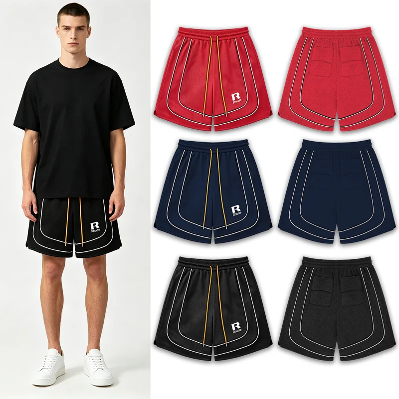 Rhude Short Mesh Knitted Fabric Breathable and Comfortable Casual White Curved Sports Lines Retro Pants