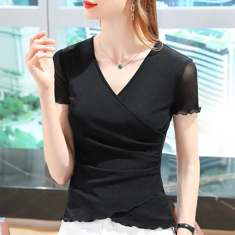 Women's Monochromatic V-Neck Short Sleeve T-Shirt Elegant Clothes All-Match Tops Casual Office Lady Fashion Simplicity Summer