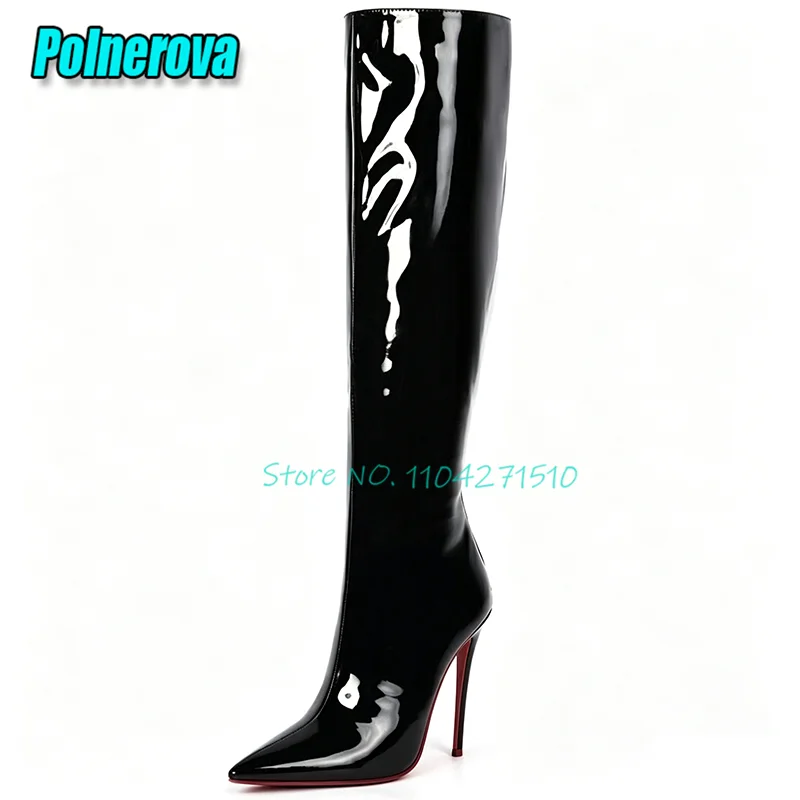 Pointed Toe 16CM High Heels Knee High Boots for Women Sexy Patent Leather Side Zipper Stiletto Long Boots Banquet Party Shoes
