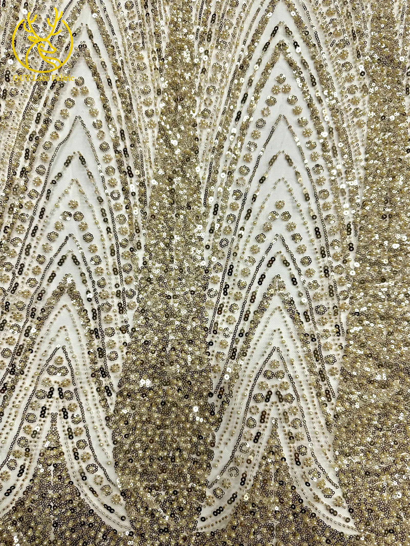 Luxuriöser Goldener Afrikanischer Bräutigam-Spitzenstoff mit Stickerei und Perlen, 5 Meter Französischer Tüll-Spitzenstoff für Nigerianische Hochzeitskleider – Detail 10