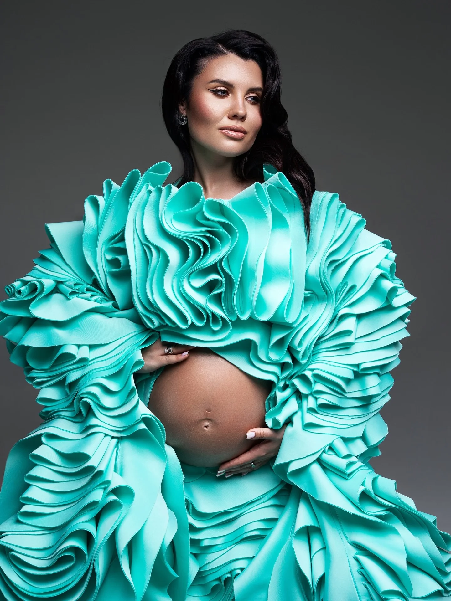 Lindo oco barriga vestidos para grávidas glamourosa turquesa verde babados cetim vestido grávida extra inchado em camadas babados vestido2026