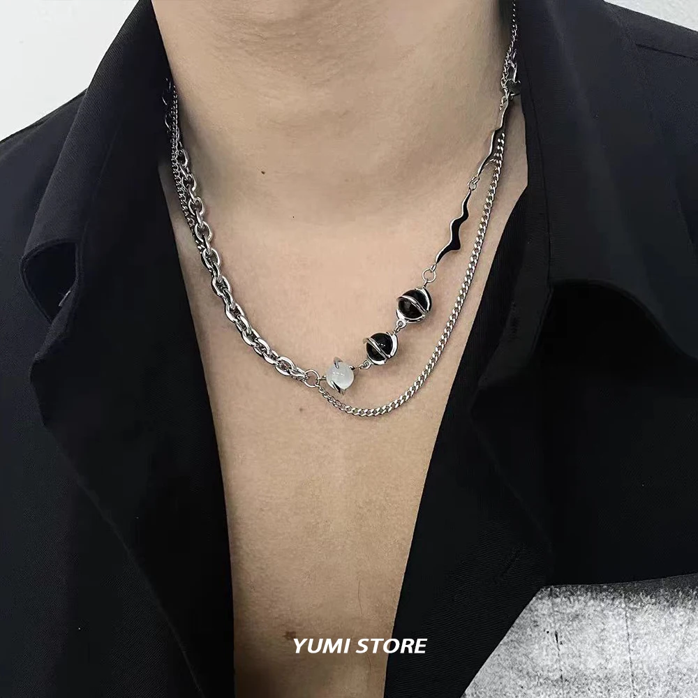 Luxury Cat Eye Stone Necklace For Man Woman Non Fading Titanium Steel Splicing Black White Moonstone  Clavicle Chain Jewelry
